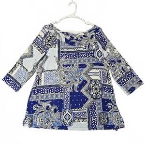 Chicos Petite 3 16/18 Blue White Patchwork Paisley 3/4 Sleeve Blouse Plus Casual